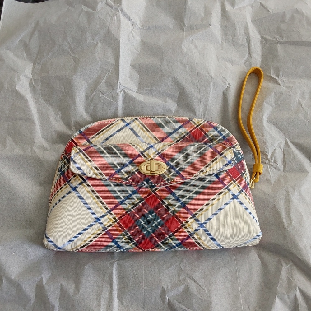 Talbots small zippered plaid clutch with wrist strap. 9" wide. 6.5" tall.